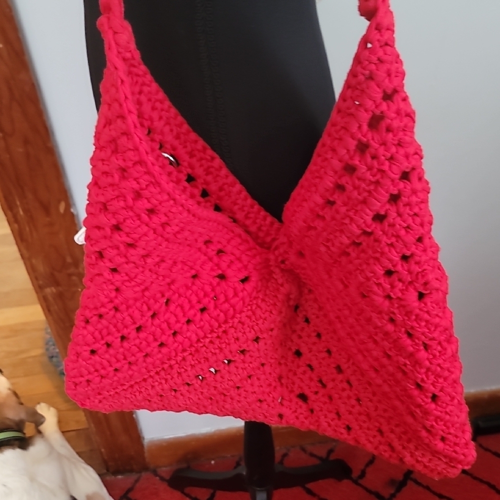 Handmade Red Crochet Shoulder Bag With White Star Bag Charm - Picture 7 of 11